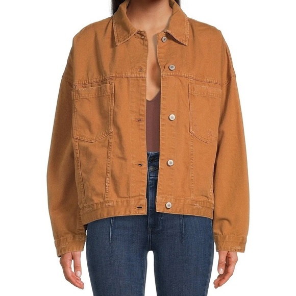 Free People NWT Camel Colored Distressed Denim Jacket Oversized size S - Picture 4 of 8